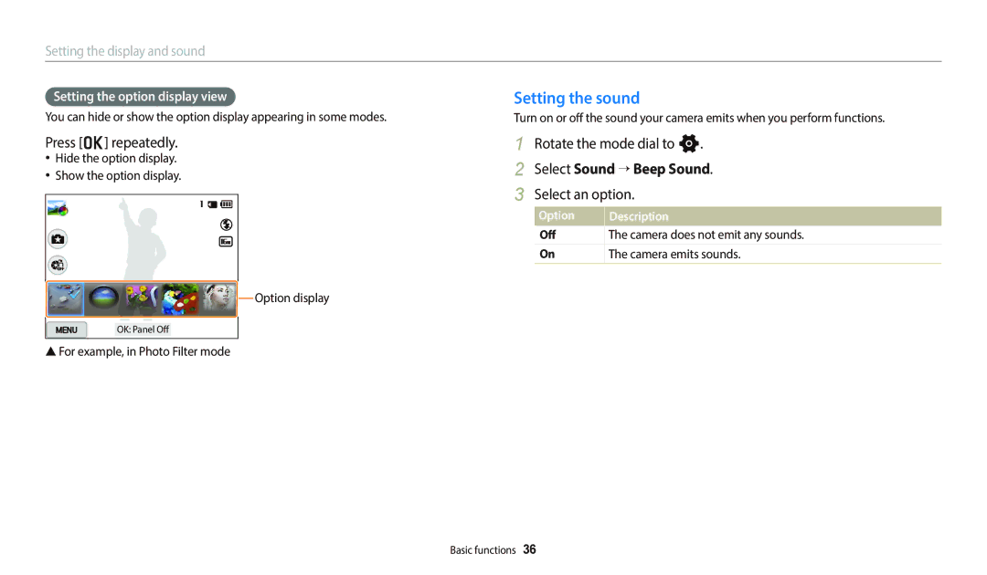 Samsung EC-WB700ZBPBE2, EC-WB700ZDPBZA Setting the sound, Press o repeatedly, Select Sound “ Beep Sound, Select an option 