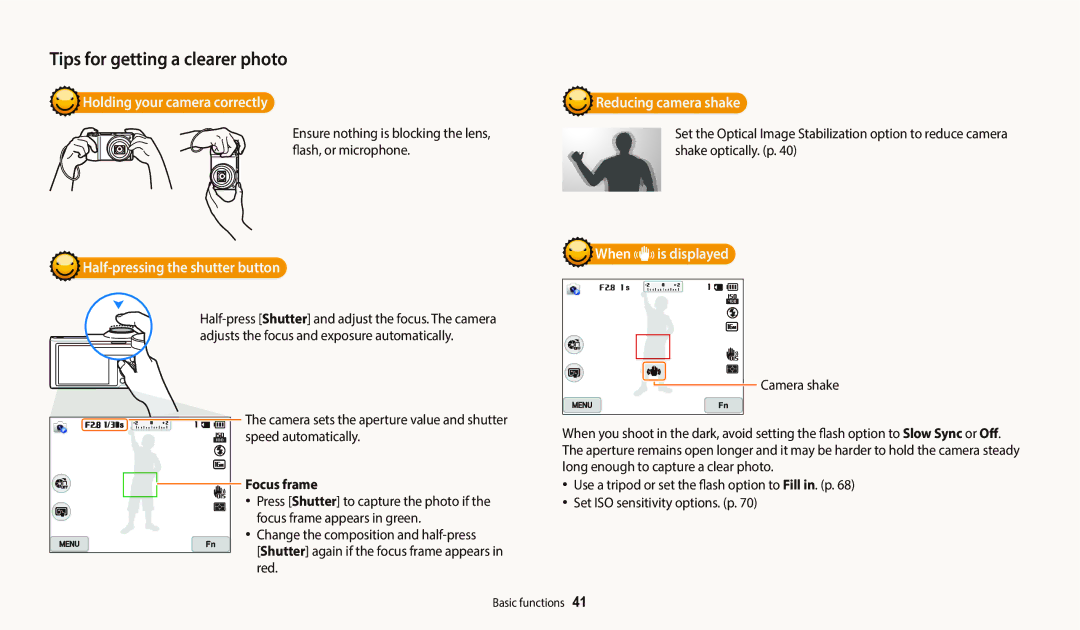 Samsung EC-WB800FFPRRU Holding your camera correctly, Half-pressing the shutter button, Reducing camera shake, Focus frame 