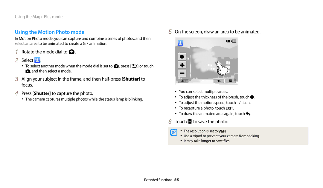 Samsung EC-WB800FBPBE1, EC-WB700ZDPBZA manual Using the Motion Photo mode, On the screen, draw an area to be animated 