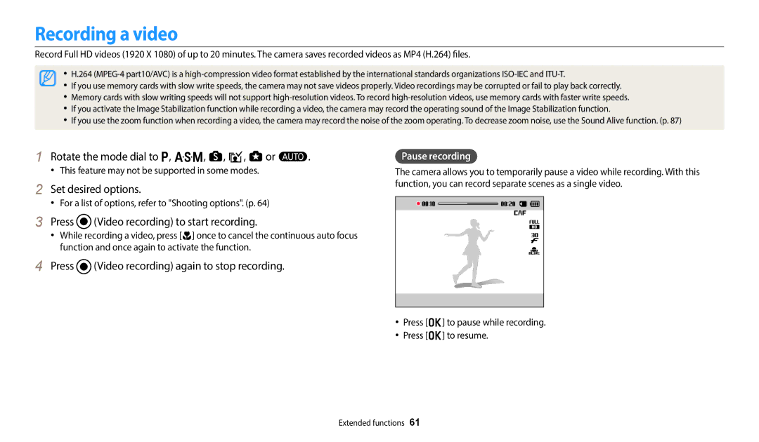 Samsung EC-WB800FBPWIL, EC-WB700ZDPBZA Recording a video, Rotate the mode dial to p, G, s, i, g or T, Set desired options 