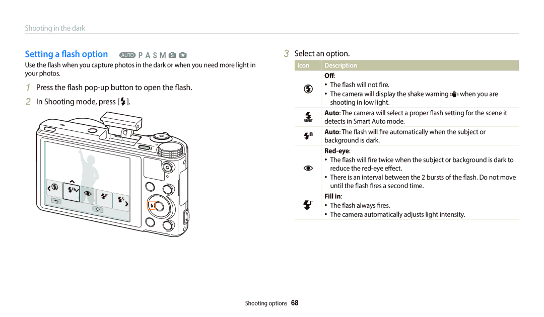 Samsung EC-WB700ZDPBIR, EC-WB700ZDPBZA, EC-WB800FBPBFR manual Setting a flash option T p a h M s g, Off, Red-eye, Fill 