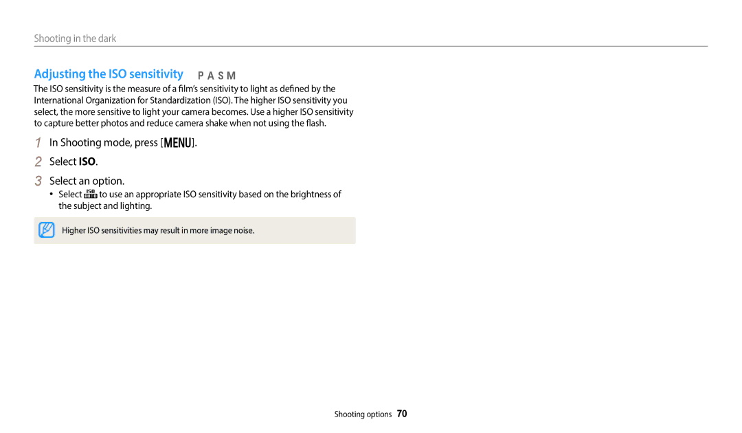 Samsung EC-WB800FBDBSA manual Adjusting the ISO sensitivity p a h M, Shooting mode, press m Select ISO Select an option 