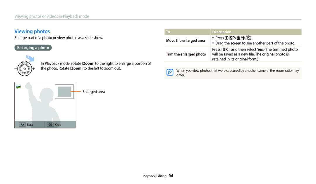 Samsung EC-WB700ZBPBRU manual Viewing photos, Enlarging a photo, Enlarge part of a photo or view photos as a slide show 