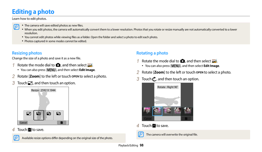 Samsung EC-WB800FFPWIL Editing a photo, Resizing photos, Rotating a photo, Rotate the mode dial to g, and then select 