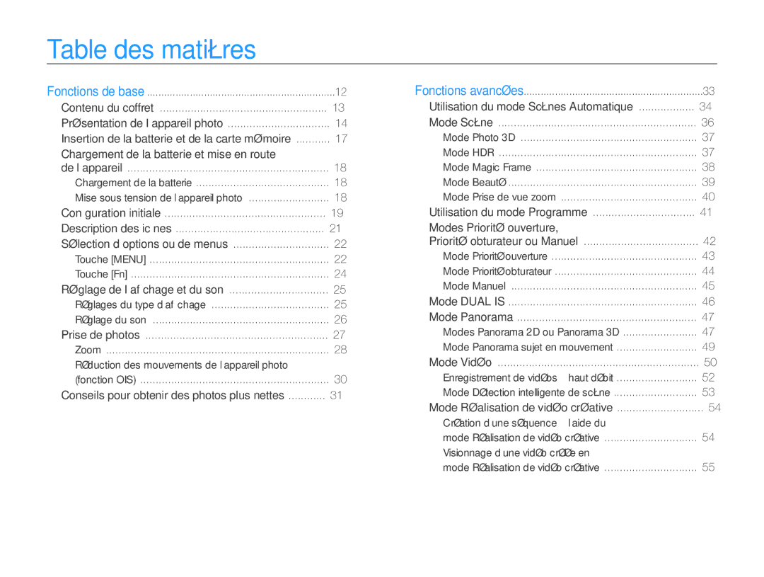 Samsung EC-WB750ZBPBE1 manual Table des matières, Utilisation du mode Scènes Automatique 