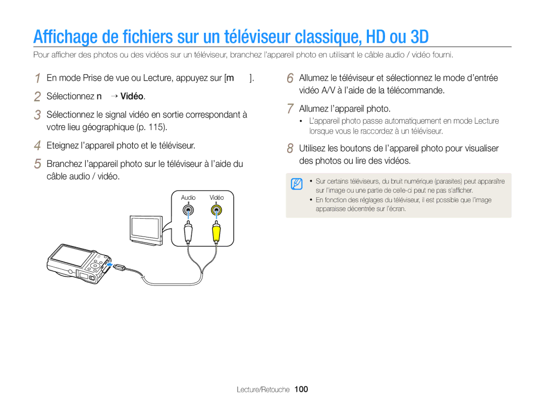 Samsung EC-WB750ZBPBE1 manual Afﬁchage de ﬁchiers sur un téléviseur classique, HD ou 3D 