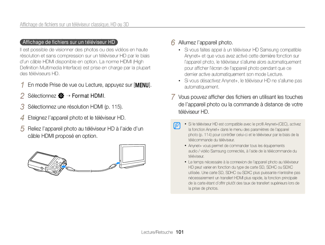 Samsung EC-WB750ZBPBE1 Afﬁchage de ﬁchiers sur un téléviseur classique, HD ou 3D, Afﬁchage de ﬁchiers sur un téléviseur HD 