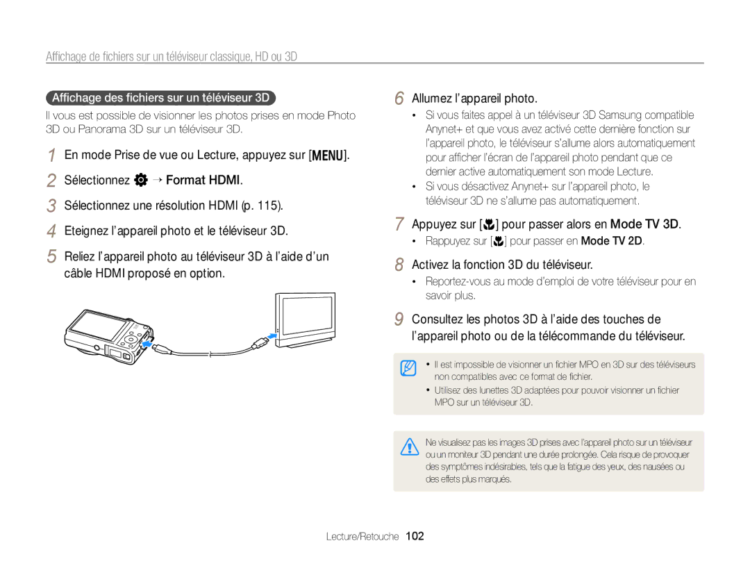 Samsung EC-WB750ZBPBE1 manual Appuyez sur c pour passer alors en Mode TV 3D, Activez la fonction 3D du téléviseur 