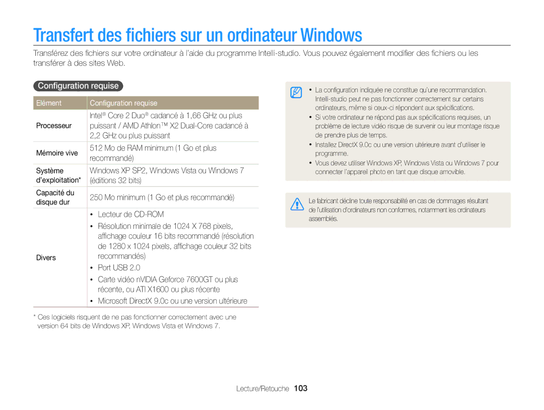 Samsung EC-WB750ZBPBE1 manual Transfert des ﬁchiers sur un ordinateur Windows, Elément Conﬁguration requise 