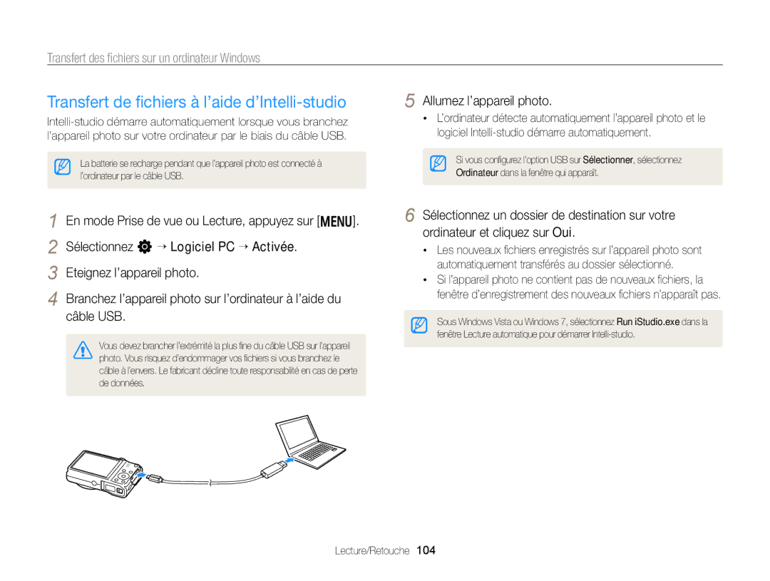 Samsung EC-WB750ZBPBE1 Transfert de ﬁchiers à l’aide d’Intelli-studio, Transfert des ﬁchiers sur un ordinateur Windows 