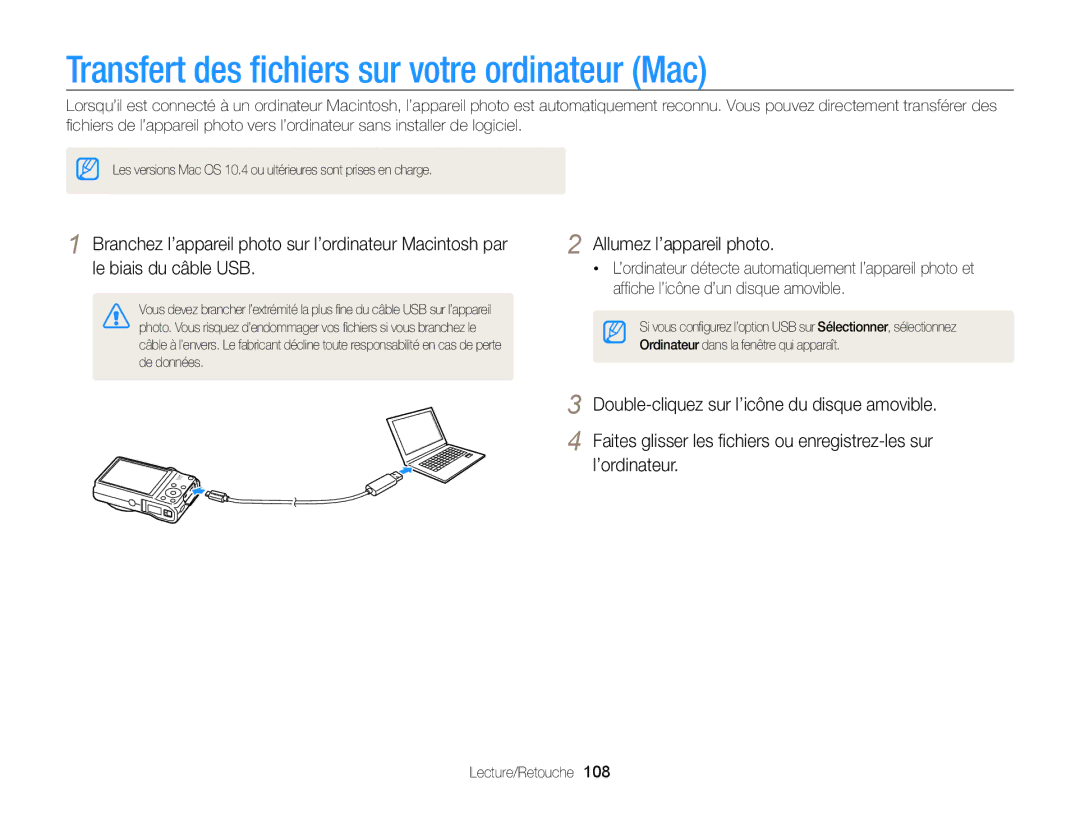 Samsung EC-WB750ZBPBE1 manual Transfert des ﬁchiers sur votre ordinateur Mac 