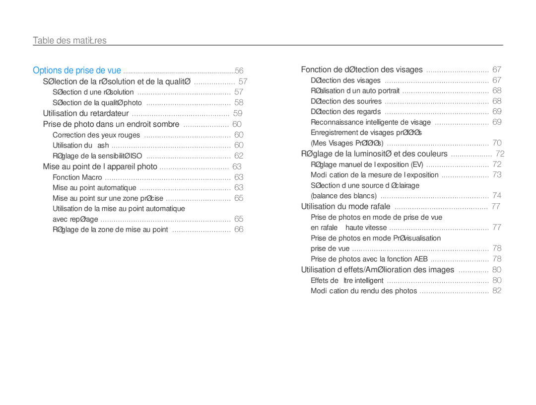 Samsung EC-WB750ZBPBE1 manual Table des matières, Prise de photo dans un endroit sombre 