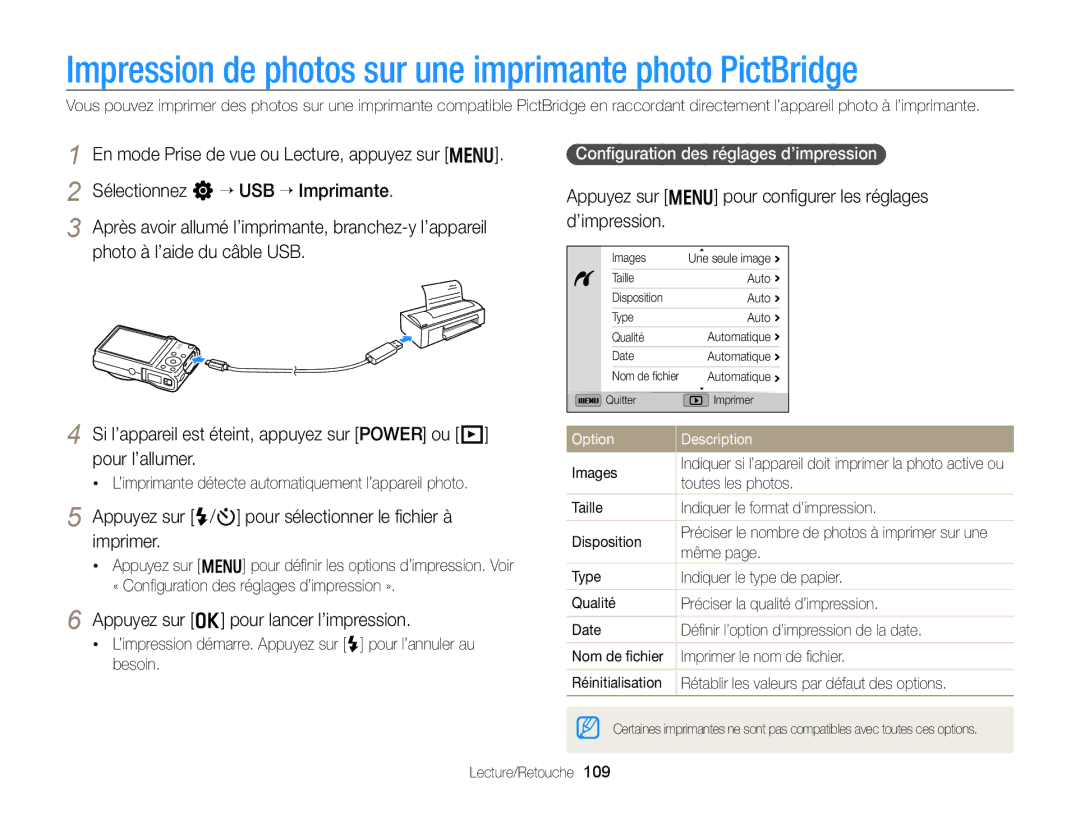 Samsung EC-WB750ZBPBE1 Impression de photos sur une imprimante photo PictBridge, Appuyez sur o pour lancer l’impression 