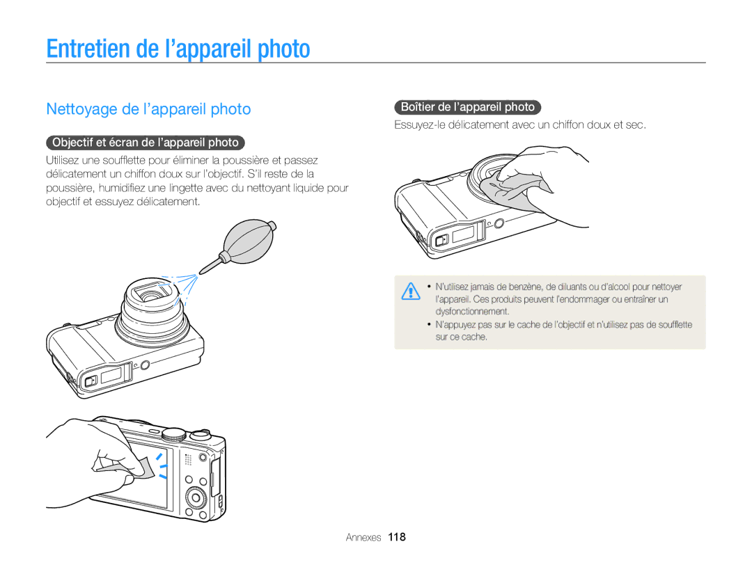 Samsung EC-WB750ZBPBE1 Entretien de l’appareil photo, Nettoyage de l’appareil photo, Objectif et écran de l’appareil photo 