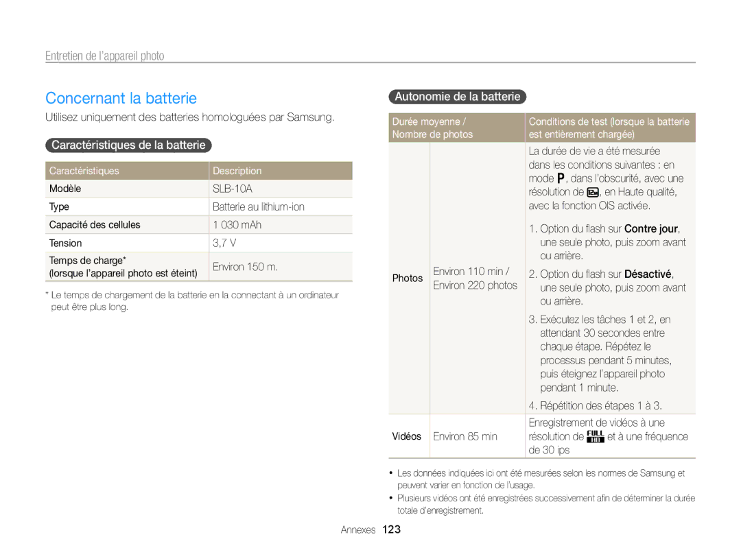 Samsung EC-WB750ZBPBE1 manual Concernant la batterie, Caractéristiques de la batterie, Autonomie de la batterie 