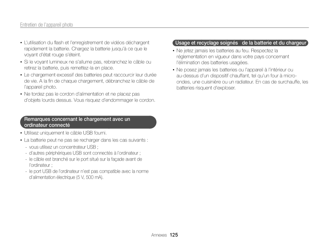 Samsung EC-WB750ZBPBE1 manual Usage et recyclage soignés de la batterie et du chargeur 