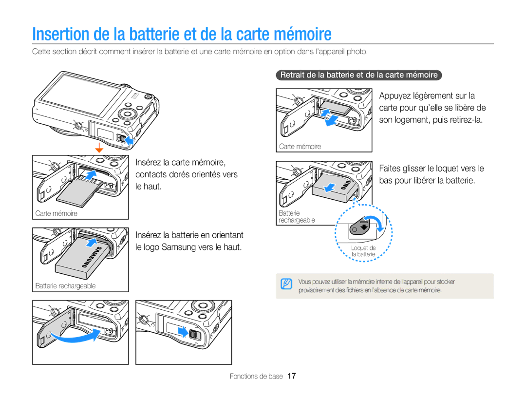 Samsung EC-WB750ZBPBE1 Insertion de la batterie et de la carte mémoire, Retrait de la batterie et de la carte mémoire 