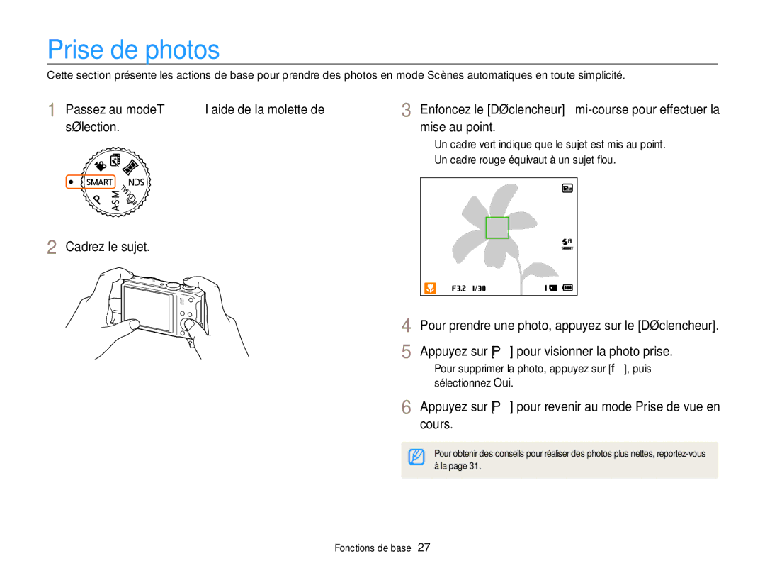 Samsung EC-WB750ZBPBE1 manual Prise de photos, Passez au mode T à l’aide de la molette de, Sélection Mise au point 