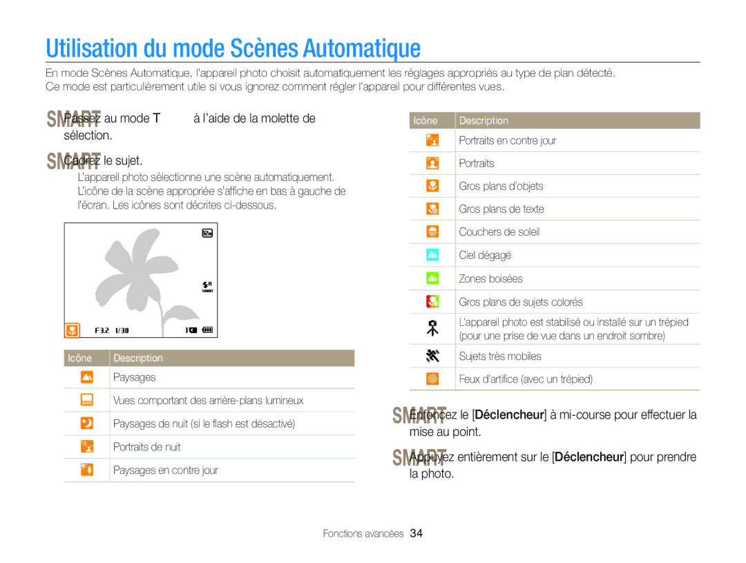 Samsung EC-WB750ZBPBE1 manual Utilisation du mode Scènes Automatique 