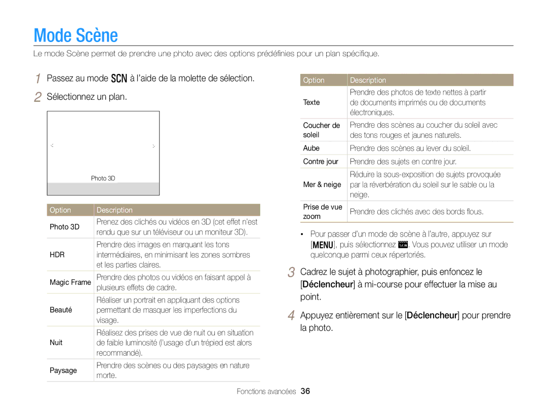 Samsung EC-WB750ZBPBE1 manual Mode Scène 