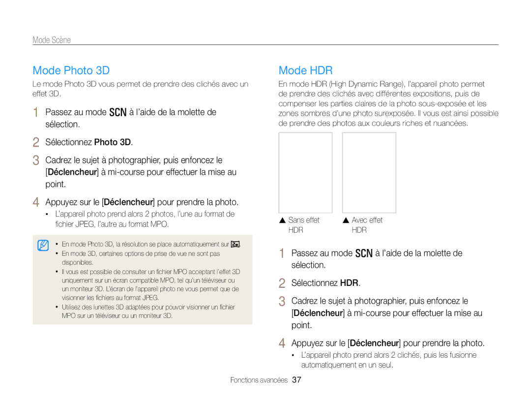 Samsung EC-WB750ZBPBE1 manual Mode Photo 3D Mode HDR, Mode Scène, Passez au mode s à l’aide de la molette de, Sélection 