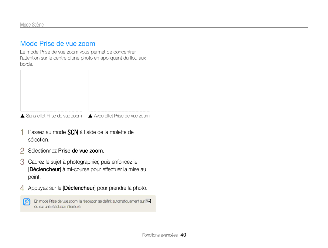 Samsung EC-WB750ZBPBE1 manual Mode Prise de vue zoom 