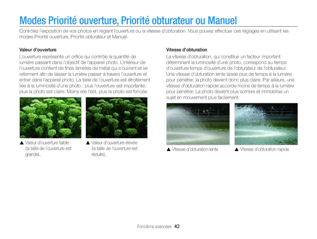 Samsung EC-WB750ZBPBE1 manual Modes Priorité ouverture, Priorité obturateur ou Manuel, Réduite Fonctions avancées 