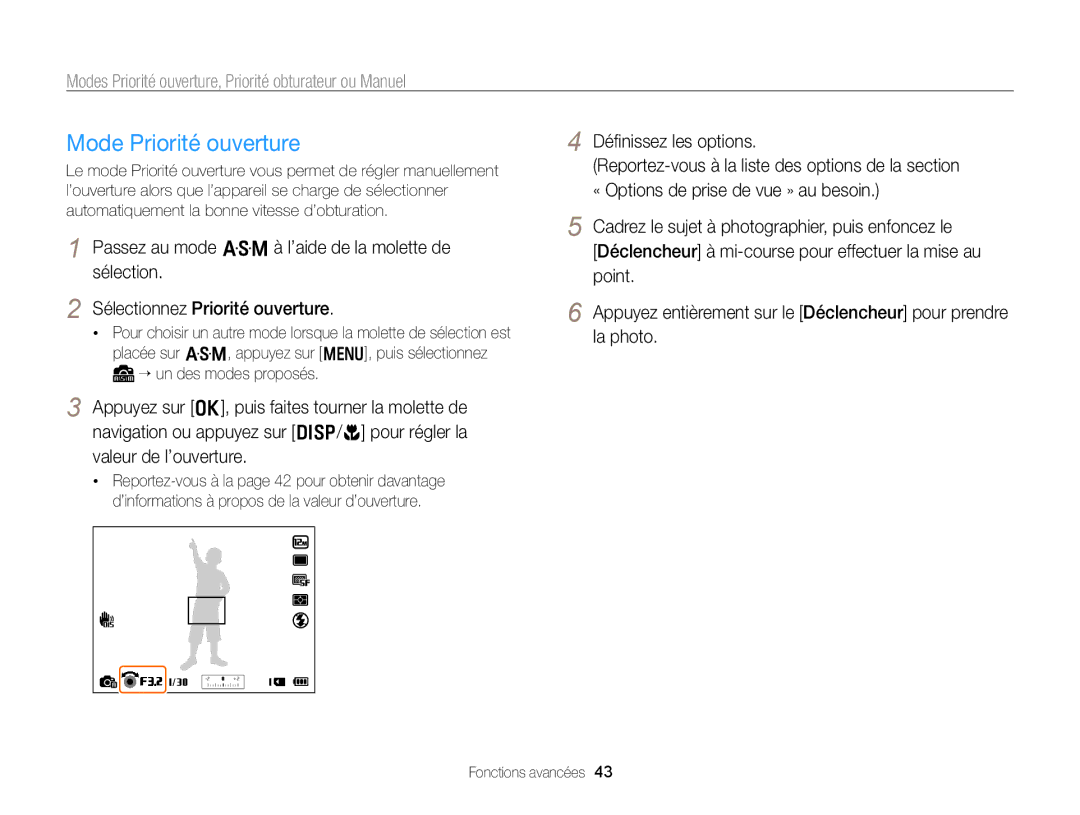 Samsung EC-WB750ZBPBE1 manual Mode Priorité ouverture, Modes Priorité ouverture, Priorité obturateur ou Manuel 