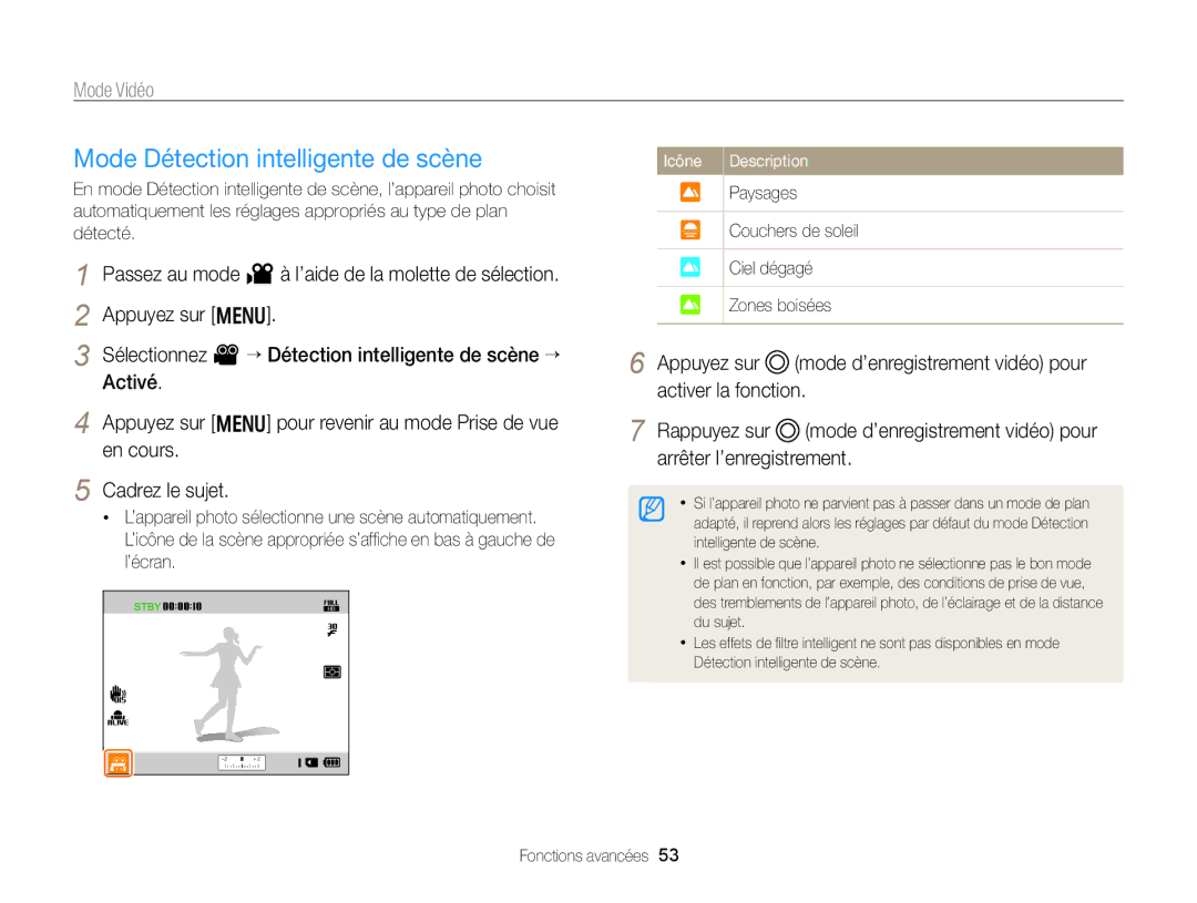 Samsung EC-WB750ZBPBE1 manual Mode Détection intelligente de scène, Paysages Couchers de soleil Ciel dégagé Zones boisées 