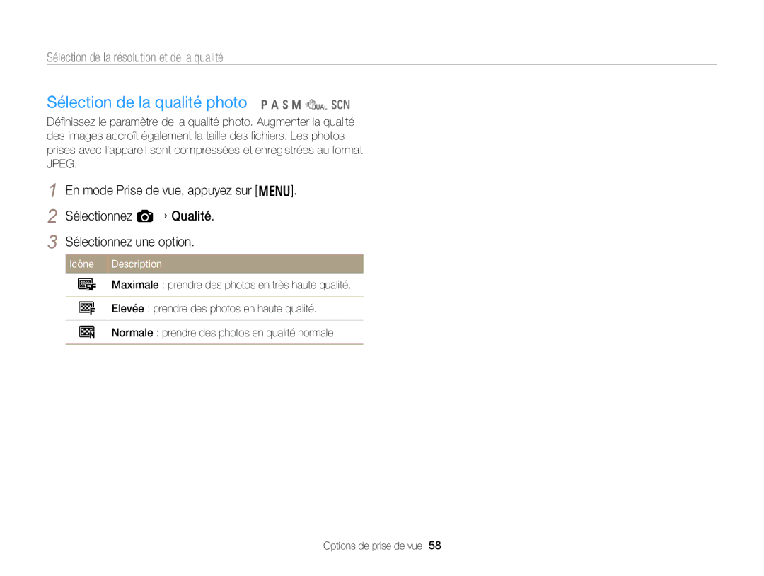 Samsung EC-WB750ZBPBE1 manual Sélection de la qualité photo p a h M d s, Sélection de la résolution et de la qualité 