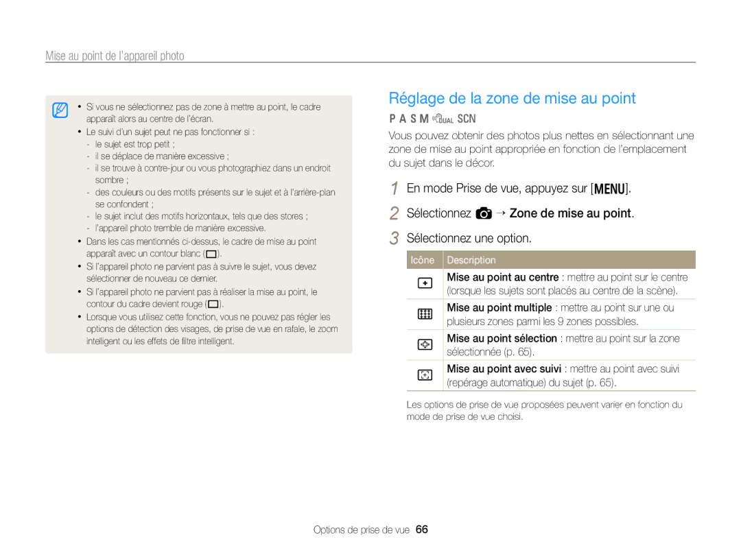 Samsung EC-WB750ZBPBE1 manual Réglage de la zone de mise au point 