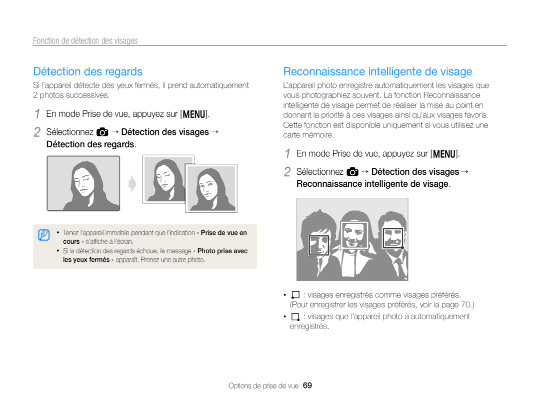 Samsung EC-WB750ZBPBE1 Détection des regards, Reconnaissance intelligente de visage, Fonction de détection des visages 