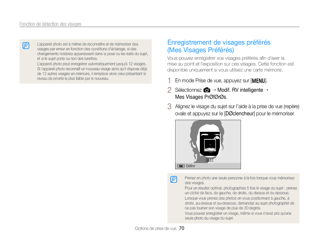 Samsung EC-WB750ZBPBE1 manual Enregistrement de visages préférés Mes Visages Préférés 