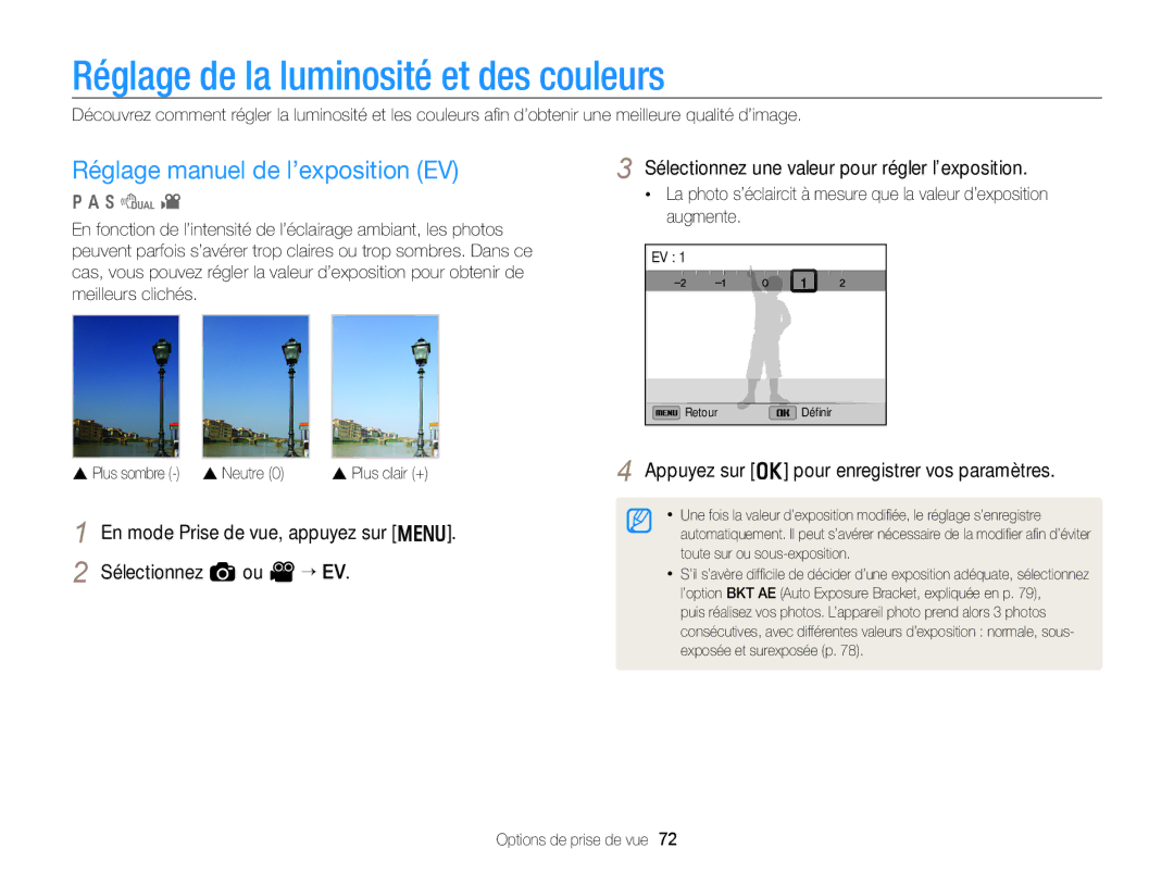 Samsung EC-WB750ZBPBE1 manual Réglage de la luminosité et des couleurs, Réglage manuel de l’exposition EV 