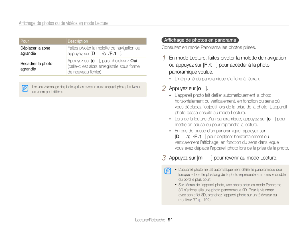 Samsung EC-WB750ZBPBE1 manual Appuyez sur o, Appuyez sur m pour revenir au mode Lecture, Afﬁchage de photos en panorama 