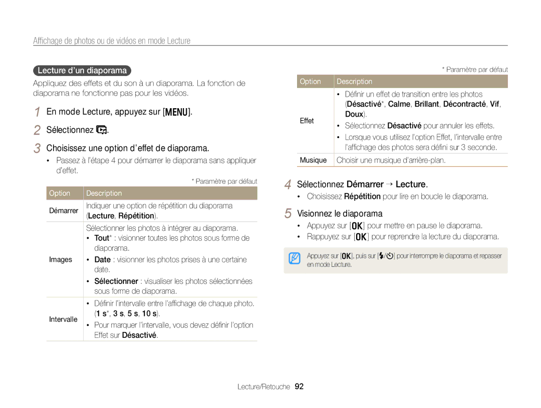 Samsung EC-WB750ZBPBE1 manual Sélectionnez Démarrer “ Lecture, Visionnez le diaporama, Lecture d’un diaporama 