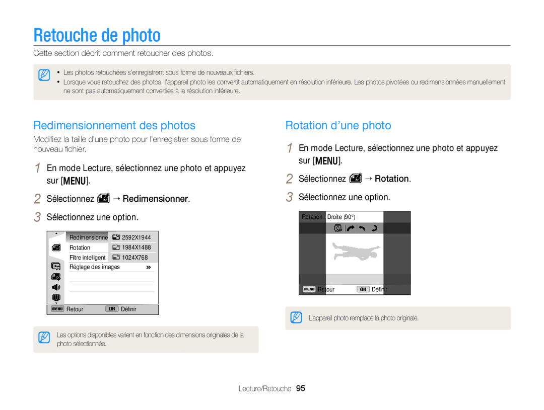 Samsung EC-WB750ZBPBE1 manual Retouche de photo, Redimensionnement des photos Rotation d’une photo 