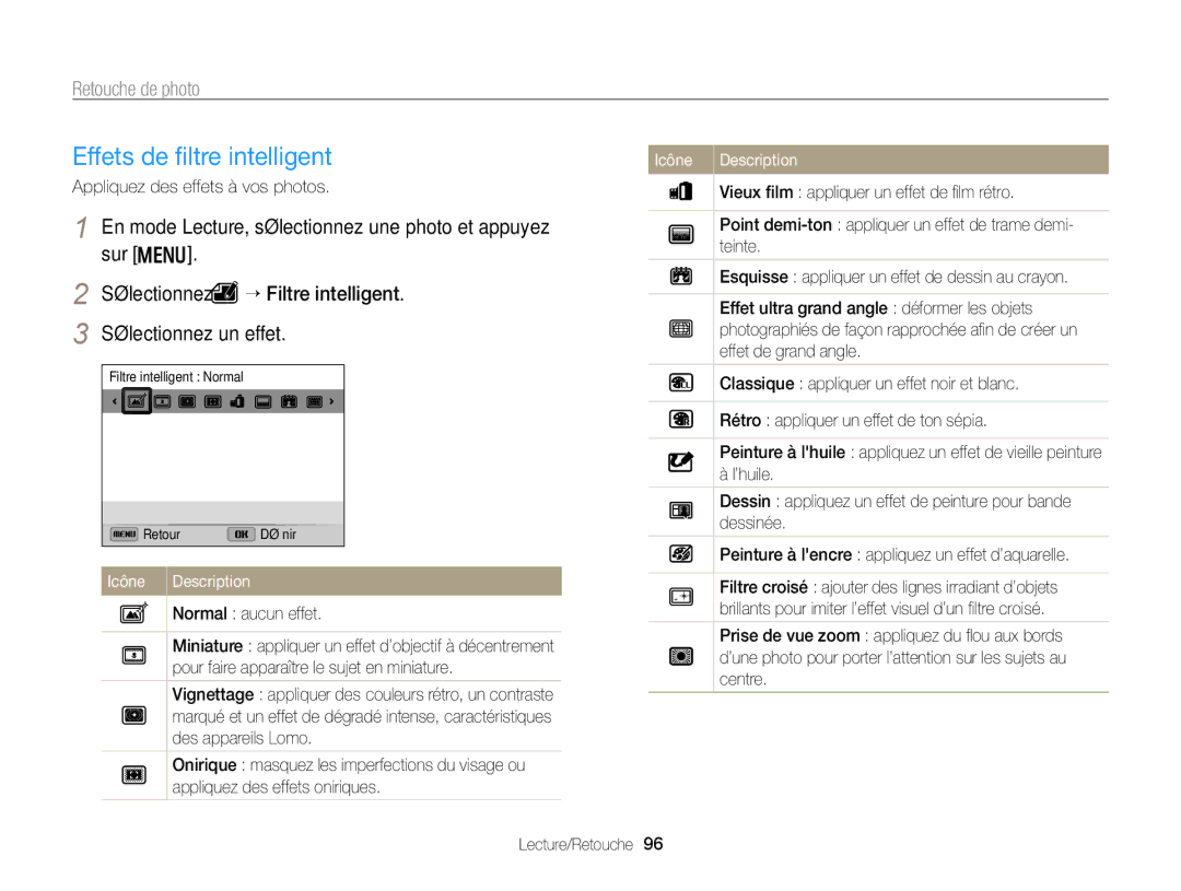 Samsung EC-WB750ZBPBE1 manual Effets de ﬁltre intelligent, Retouche de photo, Sélectionnez e “ Filtre intelligent 
