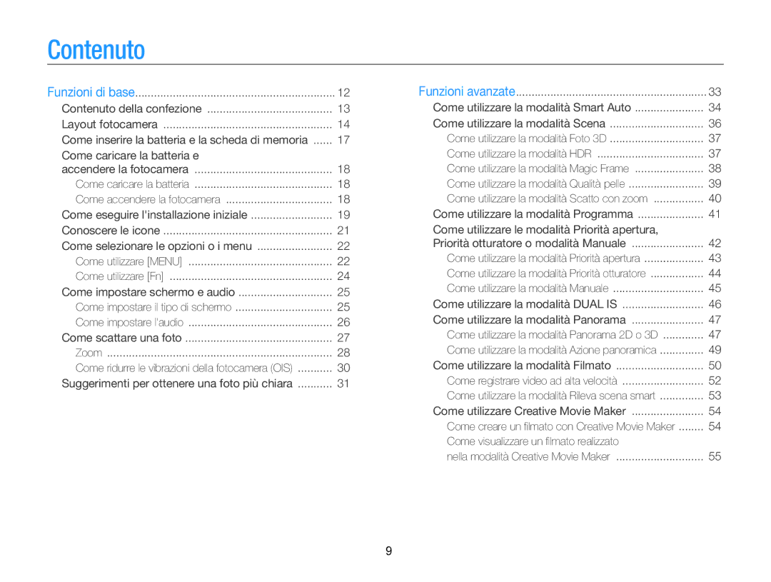 Samsung EC-WB750ZBPBE1 manual Contenuto, Come selezionare le opzioni o i menu 