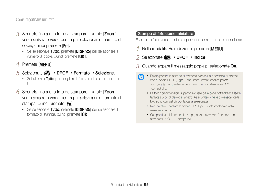 Samsung EC-WB750ZBPBE1 manual Premete m Selezionate O “ Dpof “ Formato “ Selezione, Stampa di foto come miniature 