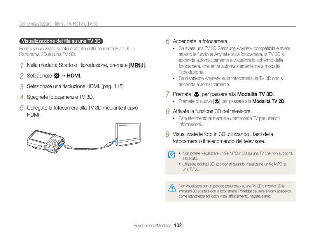 Samsung EC-WB750ZBPBE1 manual Premete c per passare alla Modalità TV 3D, Attivate la funzione 3D del televisore 