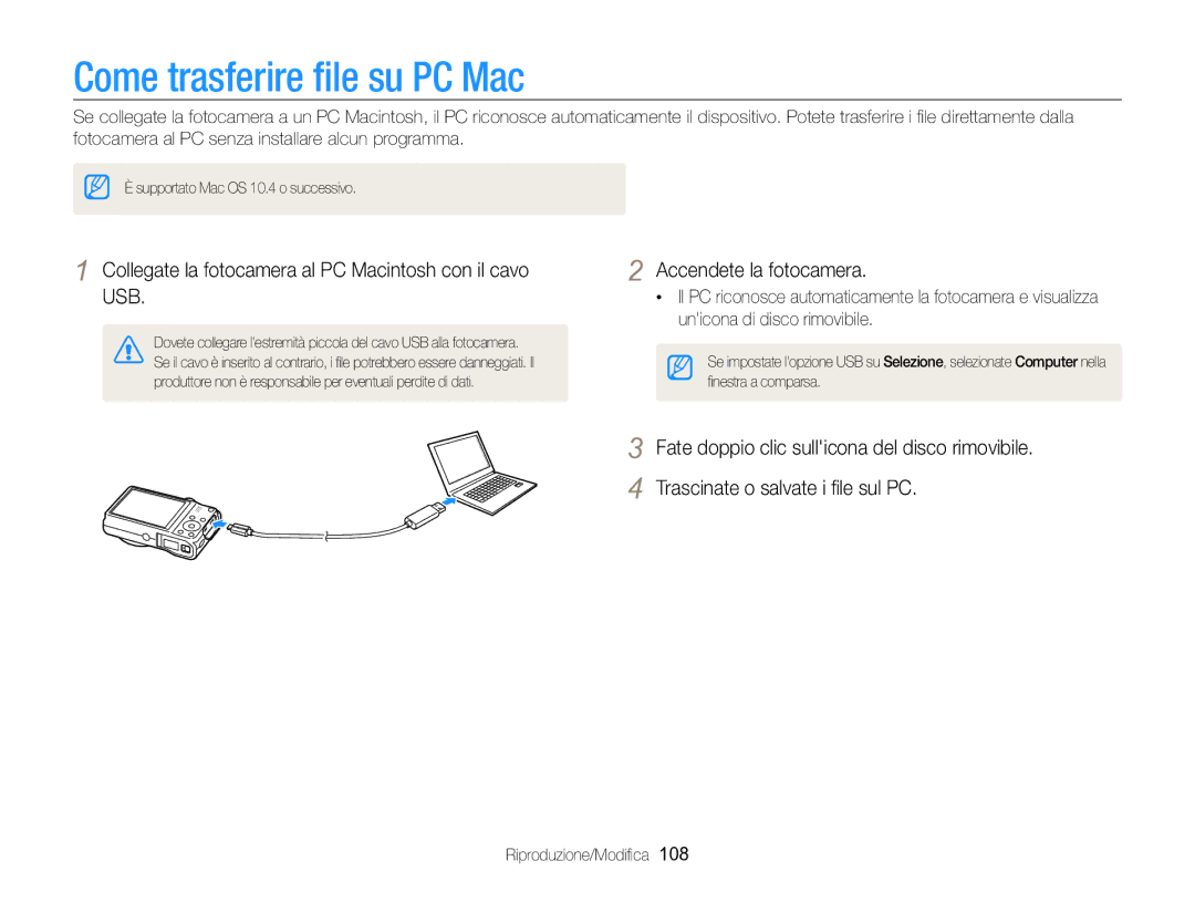 Samsung EC-WB750ZBPBE1 manual Come trasferire ﬁle su PC Mac, Collegate la fotocamera al PC Macintosh con il cavo USB 