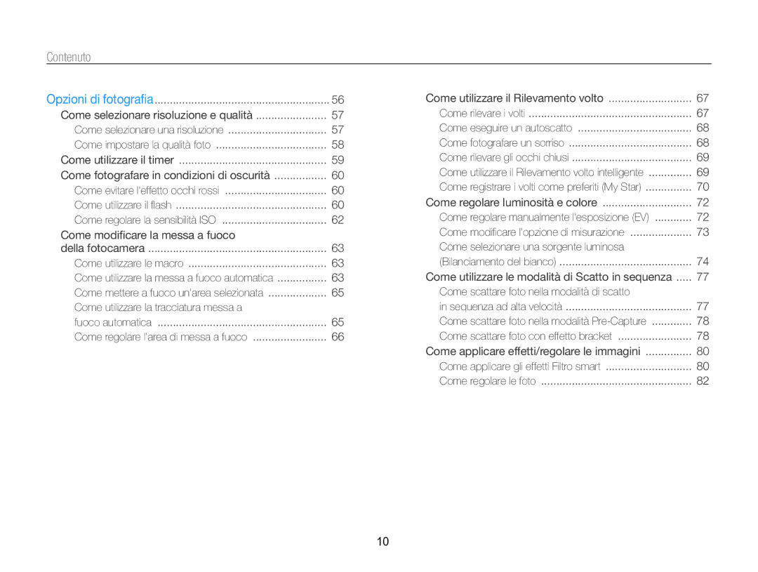 Samsung EC-WB750ZBPBE1 manual Contenuto, Come fotografare in condizioni di oscurità 