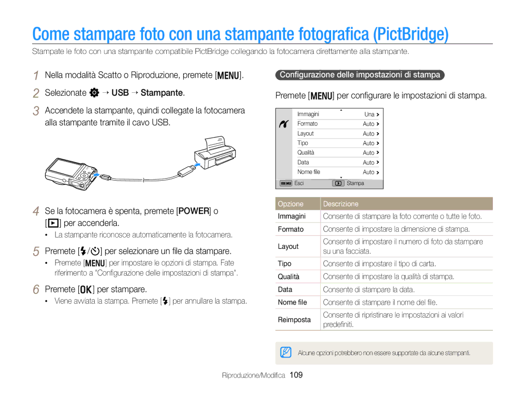 Samsung EC-WB750ZBPBE1 Premete m per conﬁgurare le impostazioni di stampa, Premete F/t per selezionare un ﬁle da stampare 