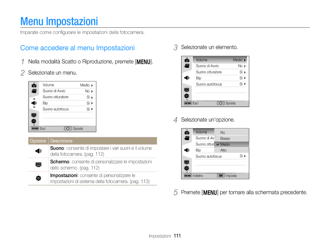 Samsung EC-WB750ZBPBE1 manual Menu Impostazioni, Come accedere al menu Impostazioni, Selezionate un elemento 