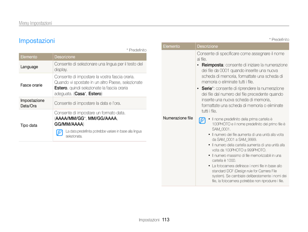 Samsung EC-WB750ZBPBE1 manual Impostazioni, Elemento 