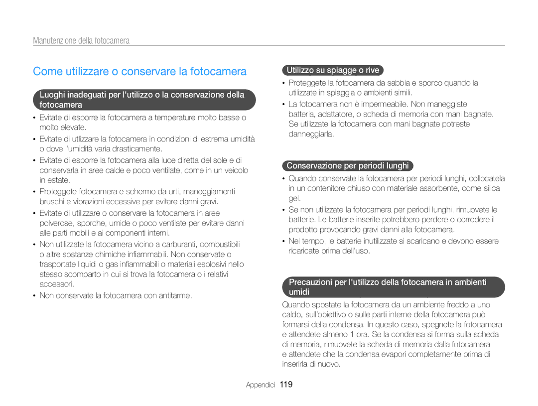 Samsung EC-WB750ZBPBE1 manual Come utilizzare o conservare la fotocamera, Manutenzione della fotocamera 