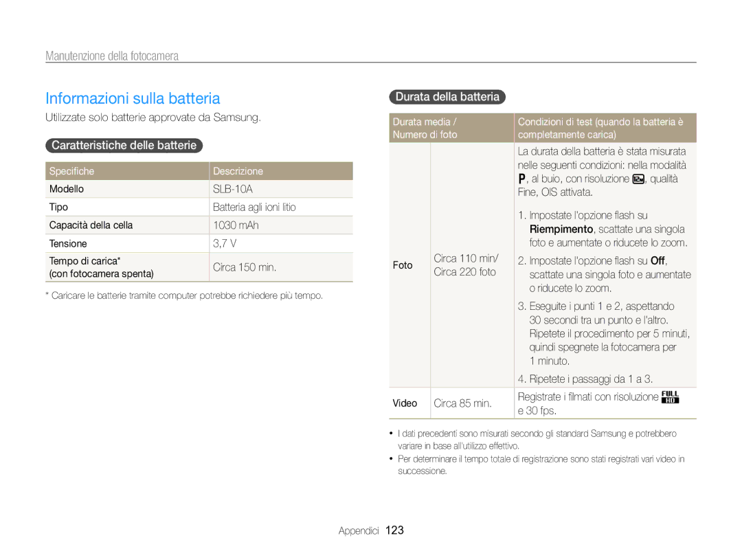 Samsung EC-WB750ZBPBE1 manual Informazioni sulla batteria, Caratteristiche delle batterie, Durata della batteria 