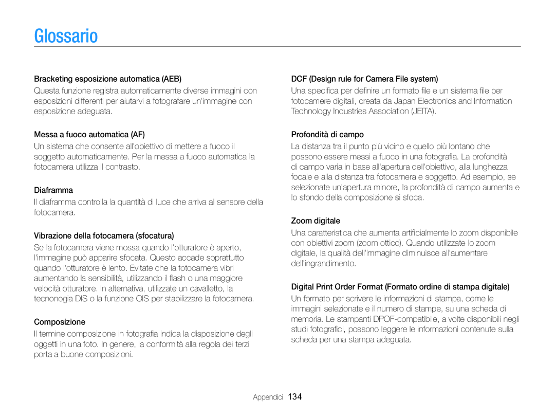 Samsung EC-WB750ZBPBE1 manual Glossario 