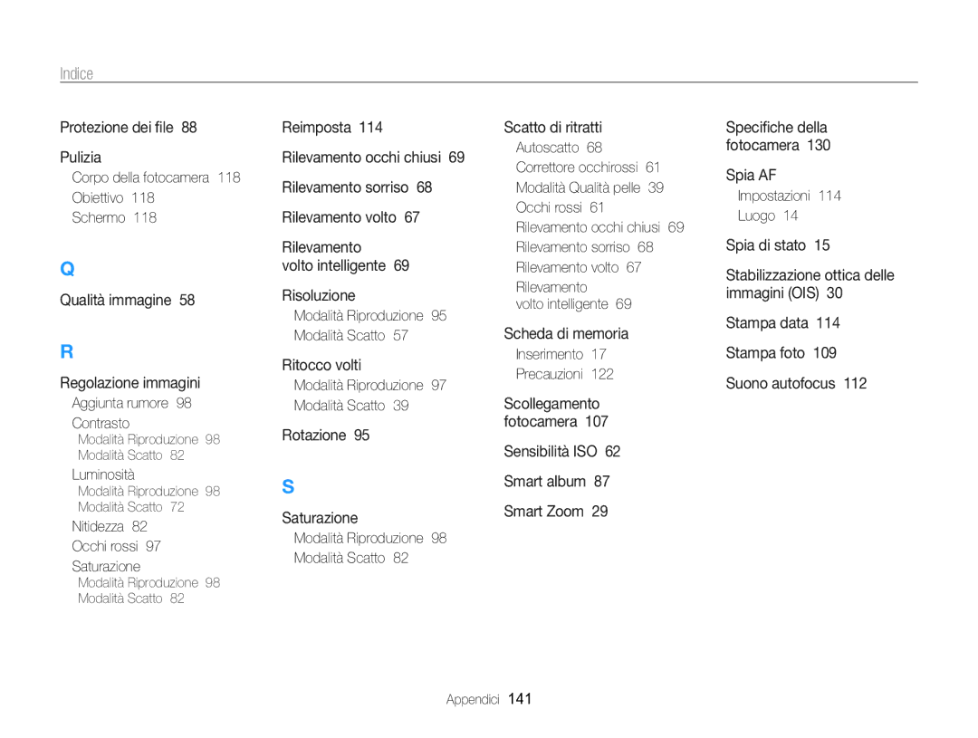 Samsung EC-WB750ZBPBE1 manual Corpo della fotocamera 118 Obiettivo Schermo, Aggiunta rumore Contrasto, Luminosità 